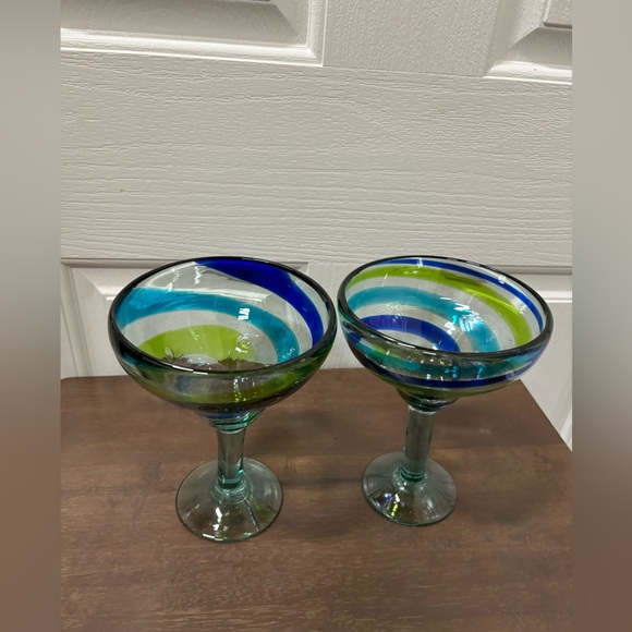 16Oz Hand Blown Margarita Glasses Blue Green Swirls Set of 2 Made in Mexico - Picture 8 of 13